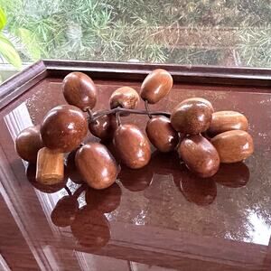Vintage Hand-Carved Wood Grapes on Stem – 8” Long Decorative Cluster